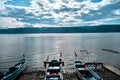 Blue fishing boats in shore of the uluabat lake in bursa Royalty Free Stock Photo