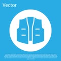 Blue Fishing jacket icon isolated on blue background. Fishing vest. White circle button. Vector