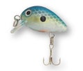 Blue fishing lure with treble hook and shadow behind