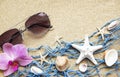 Blue Fishing net on a beach sand  travel concept Royalty Free Stock Photo