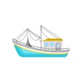 Blue fishing trawler with net and ropes. Water transport. Flat vector icon of boat for commercial fishing concept
