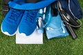 Blue fitness set in bags on green grass