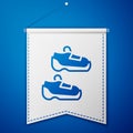 Blue Fitness sneakers shoes for training, running icon isolated on blue background. Sport shoes. White pennant template Royalty Free Stock Photo