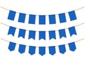 Blue flags for decoration on white background. Bunting flags on the ropes