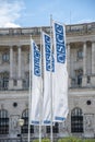 Blue flags with the inscription \