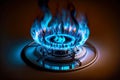 blue flame burning on burner of metal gas kitchen stove Royalty Free Stock Photo