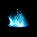 Blue flame. Burning fiery natural gas. 3d magic fire, bonfire with glowing sparks and ash, transparent torch effect