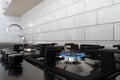 Blue flame from a gas stove burner. Stainless steel kitchen surface with cast-iron grill. Royalty Free Stock Photo