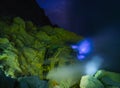 Blue Flame in Sulfur mining at night, Kawah Ijen volcano, East J