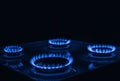 Blue flames of gas burning from a kitchen gas stove with space f Royalty Free Stock Photo