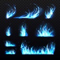 Blue flames. Realistic cold burning effects, 3d magic fires, carbon monoxide gas colored flame, different shapes Royalty Free Stock Photo