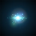 Blue Flash with rays and spotlight. Realistic light glare, high loth, star glow. Lens flare effect on black background. Royalty Free Stock Photo