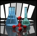 Blue flasks and red molecule scientific compositio Royalty Free Stock Photo