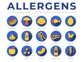 Blue Flat Allergens Icon Set. Allergens, Mushroom, Shellfish, Fish, Egg, Garlic, Milk, Soy Red Meat, Celery, Fruit, Seed, Legume Royalty Free Stock Photo