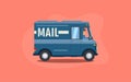 Blue flat cartoon mail or delivery van vehicle with driver or courier on pink background Royalty Free Stock Photo