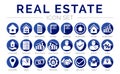 Blue Flat Real Estate Round Icon Set of Home, House, Apartment, Buying, Renting, Searching, Investment, Choosing, Wishlist, Low Royalty Free Stock Photo