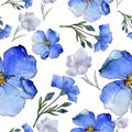 Blue flax. Floral botanical flower.Seamless background pattern. Fabric wallpaper print texture.