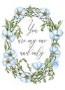 Blue flax flowers wreath. Greeting card, wedding invitation