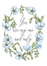Blue flax flowers wreath. Greeting card, wedding invitation