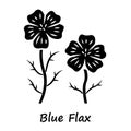 Blue flax plant glyph icon. Linen wild flower with name inscription. Spring blossom. Blooming linum wildflower