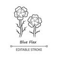 Blue flax plant linear icon. Thin line illustration. Linen wild flower with name inscription. Spring blossom. Blooming