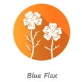 Blue flax plant orange flat design long shadow glyph icon. Linen wild flower with name inscription. Spring blossom