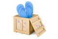 Blue flip-flops inside wooden box, delivery concept. 3D rendering