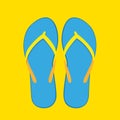 Blue flip flops summer collection swim wear isolated on yellow background