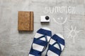 Blue flip flops Text summer on a wooden surface Royalty Free Stock Photo
