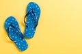Blue flip flops on yelow Background. Top view with copy space Royalty Free Stock Photo