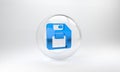 Blue Floppy disk for computer data storage icon isolated on grey background. Diskette sign. Glass circle button. 3D