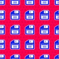 Blue Floppy disk for computer data storage icon isolated seamless pattern on red background. Diskette sign. Vector