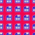 Blue Floppy disk for computer data storage icon isolated seamless pattern on red background. Diskette sign. Vector Royalty Free Stock Photo