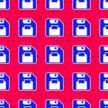 Blue Floppy disk for computer data storage icon isolated seamless pattern on red background. Diskette sign. Vector