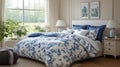 Blue floral bedding on a king-size bed in a bright bedroom with large windows Royalty Free Stock Photo