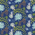 Blue floral botany pattern seamless vector texture.
