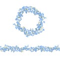 Blue floral garland and seamless pattern brush made of forget me nots.