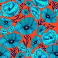 Blue Floral seamless pattern on orange background. Flower poppy background. Beautiful ornamental texture with flowers