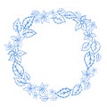 Blue flower and leaves doodle wreath for decoration on vintage garden and classic natural theme