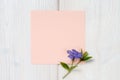 Blue flower and pink sheet on wooden background.