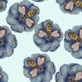 blue flowers in the background and a bee or wasp with a striped belly yellow with black with wings flutters
