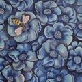 blue flowers in the background and a bee or wasp with a striped belly yellow with black with wings flutters