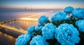 Serene Bridge at Sunset with Blue Peonies Royalty Free Stock Photo