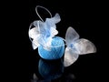 Blue flowers and coil of knits on a black background Royalty Free Stock Photo