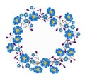 Blue flowers crown for birthday, invitations, wedding, events, festival. Spring summer floral background. Vector
