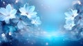 Blue flowers float on water, sparkling lights, dreamy serene, magical