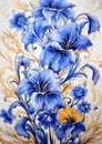 Blue Flowers and Gold Accents in a Stunning City Scroll Drawing