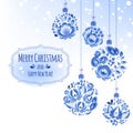 Blue flowers gzhel baubles background. Decorative christmas tree balls. Royalty Free Stock Photo