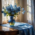 The blue flowers leaning gently againts an antique vase, sunlight filtering through a sheer curtained window, painting art Royalty Free Stock Photo