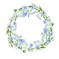 Blue flowers and lily of the valley in wreath for wedding. Decorative element for greeting card.